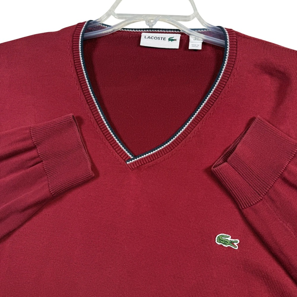Lacoste V-Neck Sweater Mens XL Burgundy Red Cotton Striped Trim Logo